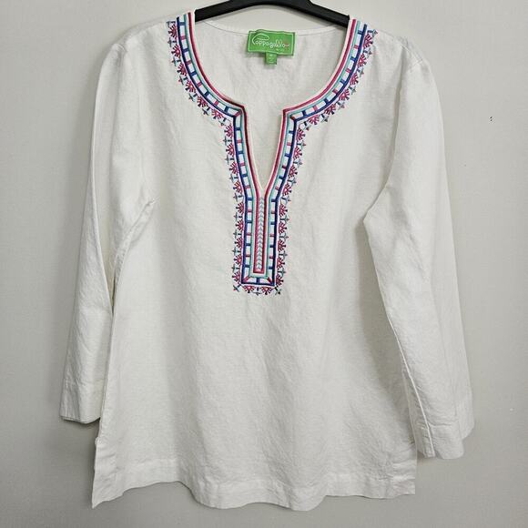 Pappagallo Women M White Linen Blend Tunic Top Blouse Pink Blue Embroidered - Picture 1 of 10